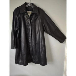 Vintage Mens Large 100% Genuine Sheepskin Sleek Black Leather Trench Long Coat